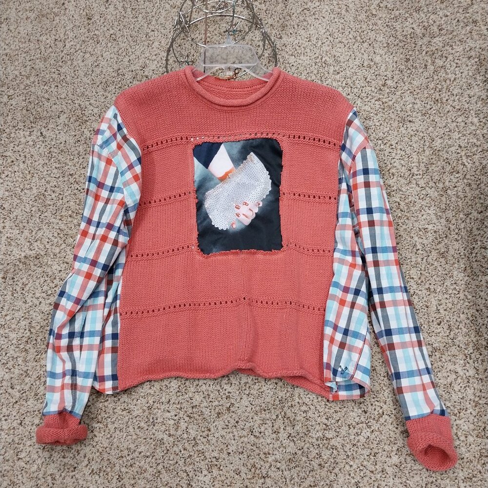 3231 Size XXL Upcycled Sweater Button Down Shirt Combo. In Blue and Salmon Color